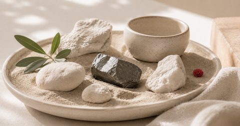 Steine und ein dunkles Erzstück auf einer Sandschale
